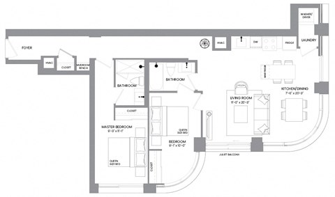 Floor plan for 2 beds, 2 baths, 1005 sqft